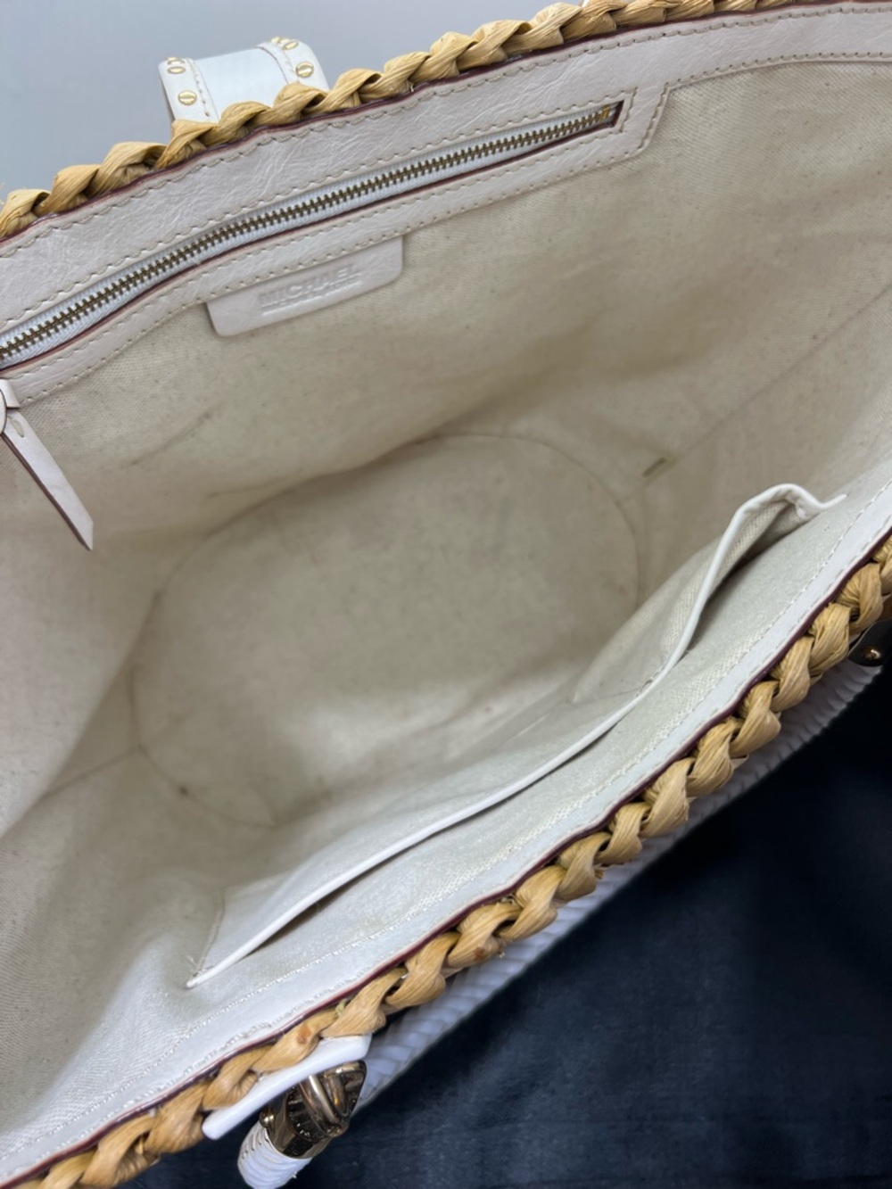 Michael Kors Santorini Woven Straw Tote Ivory Leather Trim Large Bag - Picture 6 of 11